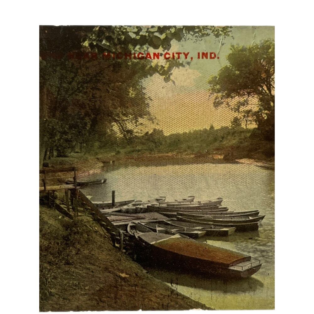 Antique 1912 Litho Ephemera Postcard Scene Near Michigan City, IN Boats In Water